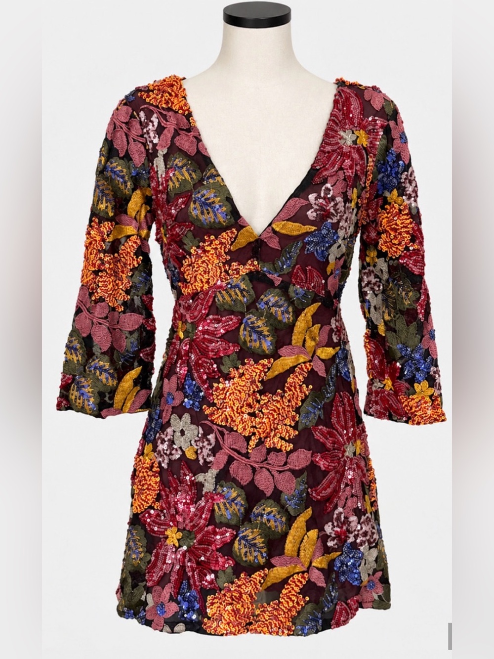 ANTHROPOLOGIE SEQUINED SEQUIN EMBROIDERED EMBELLISHED FLORAL MINI DRESS SZ 4